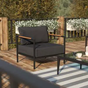 Indoor/Outdoor Patio Chair with Cushions - Modern Aluminum Framed Chair with Teak Accented Arms, Black with Charcoal Cushions