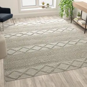 8' x 10' White & Ivory Geometric Design Handwoven Area Rug - Wool/Polyester/Cotton Blend
