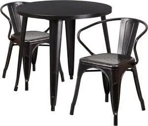 30'' Round Black-Antique Gold Metal Indoor-Outdoor Table Set with 2 Arm Chairs