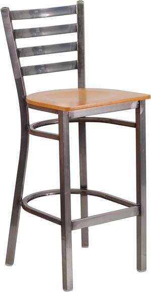 Flash Furniture Hercules Series Clear Coated Ladder Back Metal Restaurant Barstool with Wood Seat, Natural