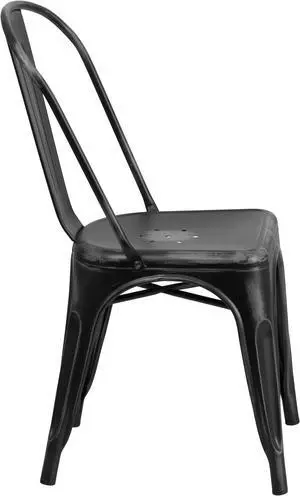 Commercial Grade Distressed Black Metal Indoor-Outdoor Stackable Chair