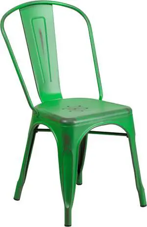 Commercial Grade Distressed Green Metal Indoor-Outdoor Stackable Chair