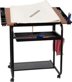 Adjustable Drawing and Drafting Table with Black Frame and Dual Wheel Casters