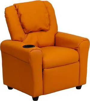 Contemporary Orange Vinyl Kids Recliner with Cup Holder and Headrest