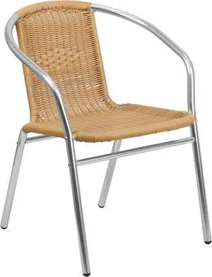 Commercial Aluminum and Beige Rattan Indoor-Outdoor Restaurant Stack Chair