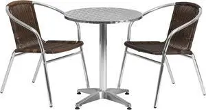 23.5'' Round Aluminum Indoor-Outdoor Table Set with 2 Dark Brown Rattan Chairs