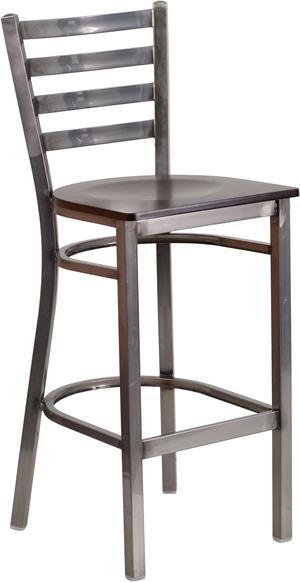 HERCULES Series Clear Coated Ladder Back Metal Restaurant Barstool - Walnut Wood Seat