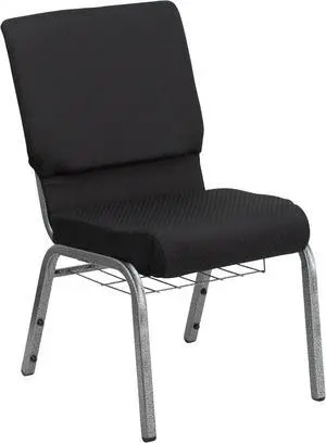 HERCULES Series 18.5''W Church Chair in Black Patterned Fabric with Cup Book Rack - Silver Vein Frame