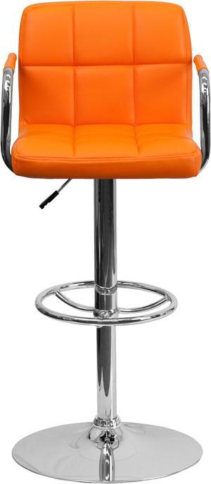 Contemporary Orange Quilted Vinyl Adjustable Height Barstool with Arms and Chrome Base