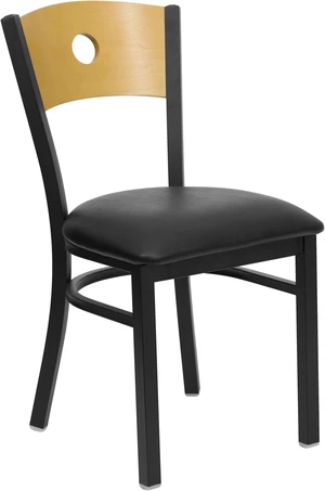 HERCULES Series Black Circle Back Metal Restaurant Chair - Natural Wood Back, Black Vinyl Seat HERCULES Series Black Circle Back Metal Restaurant Chair - Natural Wood Back, Black Vinyl Seat