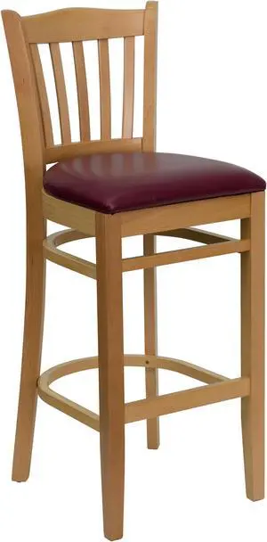 HERCULES Series Vertical Slat Back Natural Wood Restaurant Barstool - Burgundy Vinyl Seat