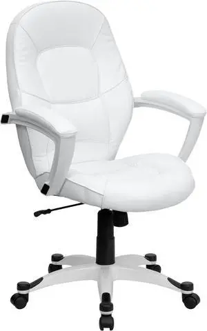 Mid-Back White Leather Tapered Back Executive Swivel Chair with White Base and Arms