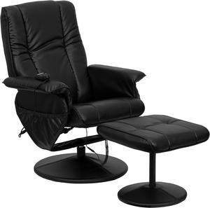 Massaging Adjustable Recliner and Ottoman with Wrapped Base in Black LeatherSoft