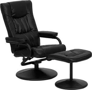 Contemporary Multi-Position Recliner and Ottoman with Wrapped Base in Black LeatherSoft