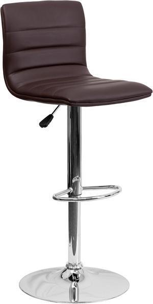 Modern Brown Vinyl Adjustable Bar Stool with Back, Counter Height Swivel Stool with Chrome Pedestal Base