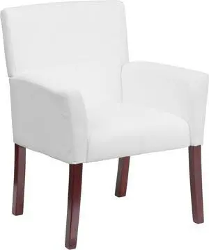 White LeatherSoft Executive Side Reception Chair with Mahogany Legs