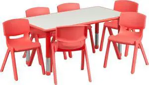 23.625''W x 47.25''L Rectangular Red Plastic Height Adjustable Activity Table Set with 6 Chairs
