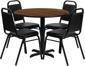 Carlton 36'' Round Walnut Laminate Table Set with X-Base and 4 Black Trapezoidal Back Banquet Chairs