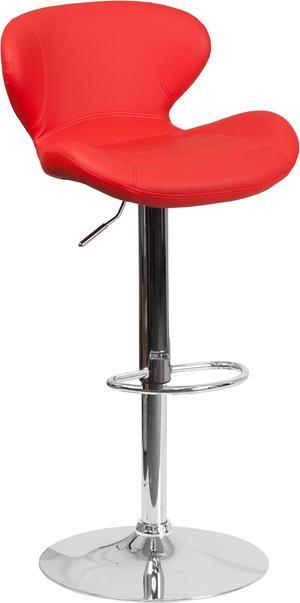 Contemporary Red Vinyl Adjustable Height Barstool with Curved Back and Chrome Base