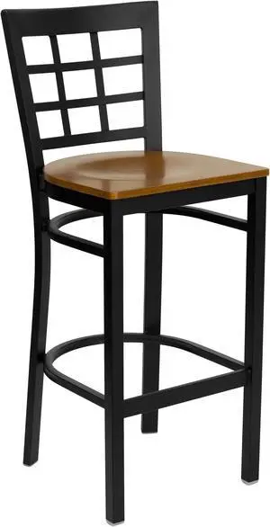 HERCULES Series Black Window Back Metal Restaurant Barstool - Cherry Wood Seat HERCULES Series Black Window Back Metal Restaurant Barstool - Cherry Wood Seat