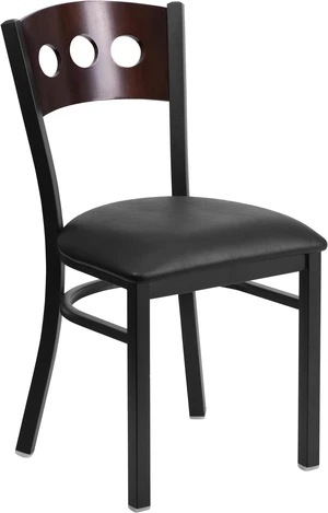 HERCULES Series Black 3 Circle Back Metal Restaurant Chair - Walnut Wood Back, Black Vinyl Seat HERCULES Series Black 3 Circle Back Metal Restaurant Chair - Walnut Wood Back, Black Vinyl Seat