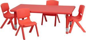 24''W x 48''L Rectangular Red Plastic Height Adjustable Activity Table Set with 4 Chairs