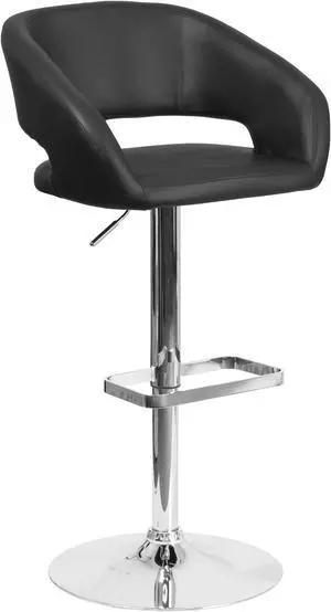 Contemporary Black Vinyl Adjustable Height Barstool with Rounded Mid-Back and Chrome Base