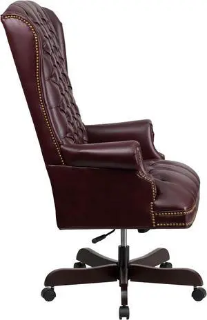 High Back Traditional Fully Tufted Burgundy Leather Executive Swivel Chair with Arms