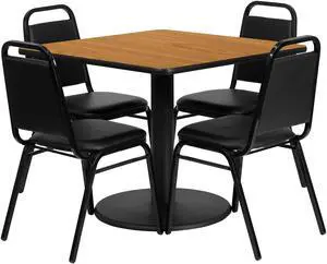 36'' Square Natural Laminate Table Set with Round Base and 4 Black Trapezoidal Back Banquet Chairs