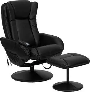 Massaging Multi-Position Plush Recliner with Side Pocket and Ottoman in Black LeatherSoft