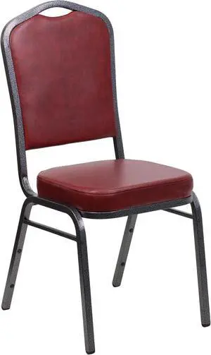 HERCULES Series Crown Back Stacking Banquet Chair in Burgundy Vinyl - Silver Vein Frame