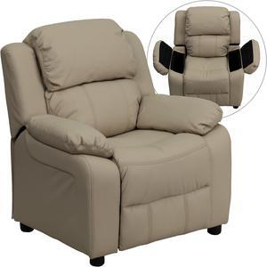 Deluxe Padded Contemporary Beige Vinyl Kids Recliner with Storage Arms