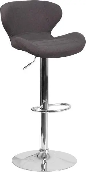 Contemporary Charcoal Fabric Adjustable Height Barstool with Curved Back and Chrome Base