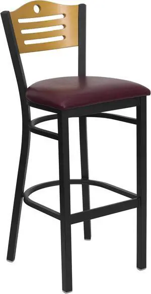 HERCULES Series Black Slat Back Metal Restaurant Barstool - Natural Wood Back, Burgundy Vinyl Seat HERCULES Series Black Slat Back Metal Restaurant Barstool - Natural Wood Back, Burgundy Vinyl Seat