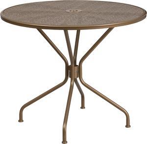Flash Furniture Oia Commercial Grade Round Indoor-Outdoor Steel Patio Table with Umbrella Hole Gold (CO7GD)