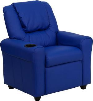 Contemporary Blue Vinyl Kids Recliner with Cup Holder and Headrest