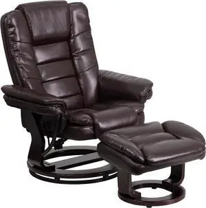 Contemporary Multi-Position Recliner with Horizontal Stitching and Ottoman with Swivel Mahogany Wood Base in Brown LeatherSoft