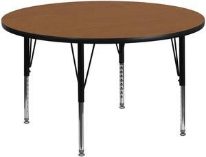 48'' Round Oak Thermal Laminate Activity Table - Height Adjustable Short Legs