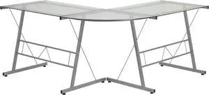 Glass L-Shape Computer Desk with Silver Metal Frame