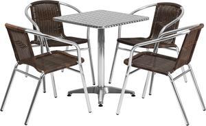 23.5'' Square Aluminum Indoor-Outdoor Table Set with 4 Dark Brown Rattan Chairs