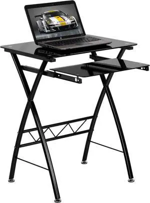 Black Tempered Glass Computer Desk with Pull-Out Keyboard Tray