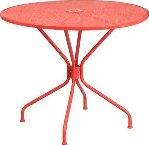 Flash Furniture Oia Commercial Grade Round Indoor-Outdoor Steel Patio Table with Umbrella Hole Coral (CO7RED)
