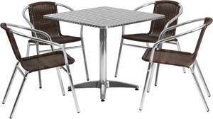 31.5'' Square Aluminum Indoor-Outdoor Table Set with 4 Dark Brown Rattan Chairs