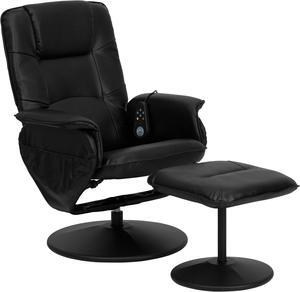 Massaging Adjustable Recliner with Deep Side Pockets and Ottoman with Wrapped Base in Black LeatherSoft