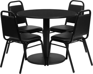 36'' Round Black Laminate Table Set with Round Base and 4 Black Trapezoidal Back Banquet Chairs 36'' Round Black Laminate Table Set with Round Base and 4 Black Trapezoidal Back Banquet Chairs
