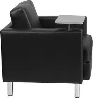Black Leather Guest Chair with Tablet Arm, Tall Chrome Legs and Cup Holder