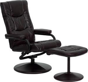 Contemporary Brown Leather Recliner and Ottoman with Leather Wrapped Base
