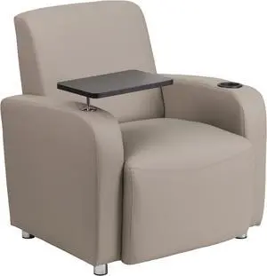 Gray Leather Guest Chair with Tablet Arm, Chrome Legs and Cup Holder