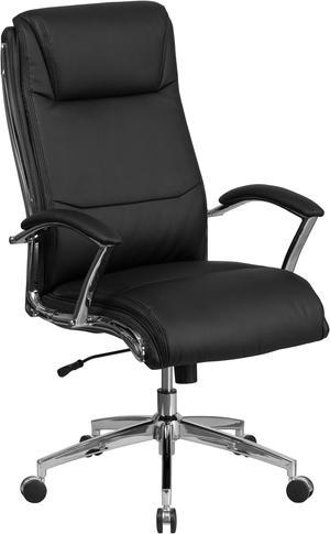 High Back Designer Black Leather Smooth Upholstered Executive Swivel Chair with Chrome Base and Arms