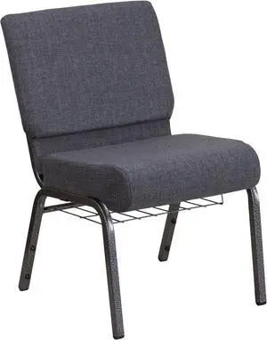 HERCULES Series 21''W Church Chair in Dark Gray Fabric with Book Rack - Silver Vein Frame